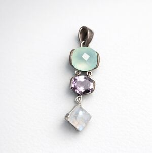 Multi Gemstone Pendant Green Chalcedony Amethyst Moonstone Sterling Silver 1"